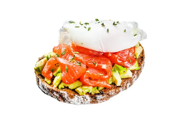 Poached egg on grilled toast with smoked salmon and avocado. Isolated, white background