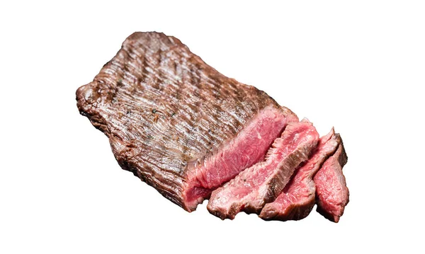 Escabeau Grillé Steak Flanc Tranché Sur Une Assiette Isolé Fond — Photo