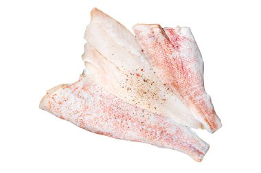 Pişmemiş okyanus kırmızı fileto, baharatlı ve şifalı kırmızı balık. İzole, beyaz arkaplan