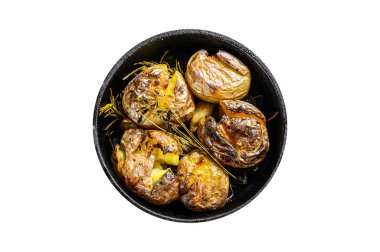 Biberiyeli fırında patates. Organik sebzeler. Ayır, beyaz arkaplan