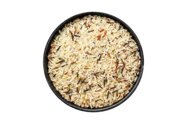 Yasemin, Kahverengi, Kırmızı ve Siyah pirinç. Karışık pirinç ve Riceberry. Ayır, beyaz arkaplan