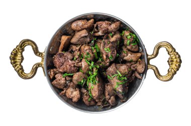 Soğanlı tavuk ciğeri yahnisi ve tavada maydanoz. İzole, beyaz arkaplan