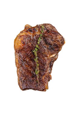 Izgara Striploin bifteği ya da ızgarada New York bifteği. İzole, beyaz arkaplan