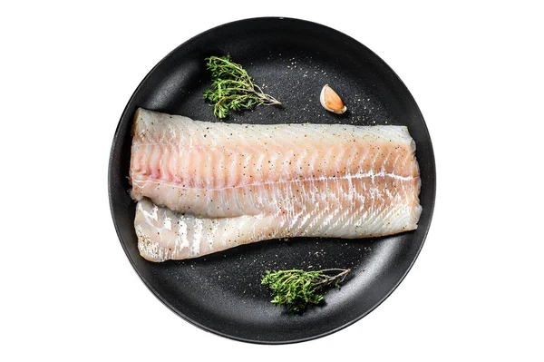 Filete Bacalao Crudo Con Tomillo Hierbas Una Sartén Cocinar Pescado —  Fotos de Stock