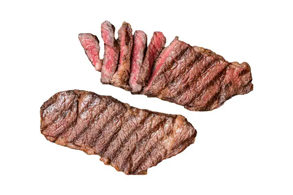Bbq Grilovaný Hovězí Steak Tymiánem Dřevěné Desce Izolované Bílé Pozadí — Stock fotografie