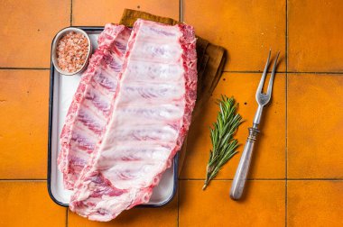 Fresh Raw pork spare loin ribs in a steel tray with herbs. Orange background. Top view.