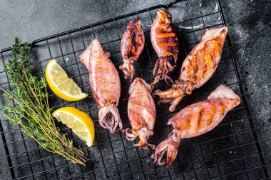 Bbq squid calamary on a rack. Black background. Top view.