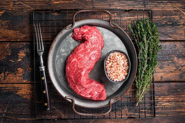 Raw Uncooked Machete Beef Meat Steak Skirt Steak Wooden Background —  Fotos de Stock