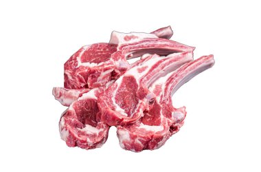 Pişmemiş kuzu pirzolası, çiğ biftek. İzole, beyaz arkaplan