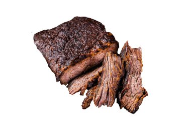 Doğranmış Biftek Barbeküsü, baharatlarla ovulmuş geleneksel et ve Teksas 'lı bir sigara tiryakisi. İzole, beyaz arkaplan