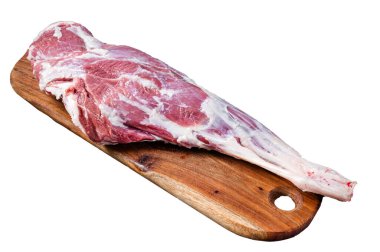 Mutton meat. Raw whole lamb leg thigh on butcher board. Isolated, white background clipart