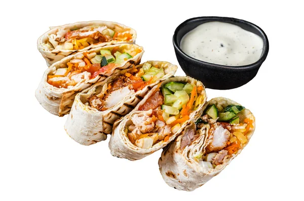 Chicken Wrap Roll Durum Doner Kebab Meat Vegetable Salad Wooden — Fotografia de Stock