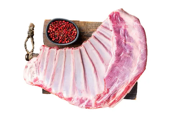 Raw Rack Lamb Mutton Ribs Butcher Board Spices Isolated White — Stock Photo, Image
