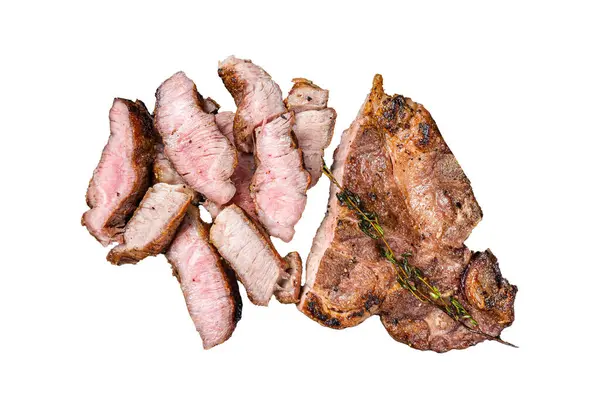 Grilovaný Vepřový Steak Mramorové Desce Izolované Bílé Pozadí — Stock fotografie