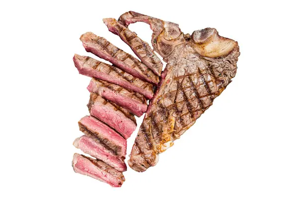 Středně Krvavý Grilovaný Steak Bone Florentský Steak Nakrájený Plátky Ocelovém — Stock fotografie
