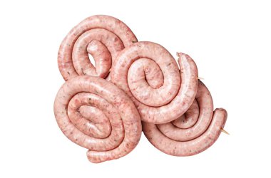 Geleneksel çiğ sosisler mermer bir tahtanın üzerinde kekik ile. İzole, beyaz arkaplan