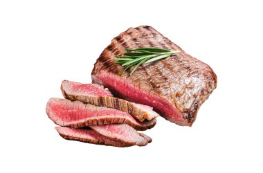 Kurutulmuş ızgara wagyu kanat bifteği kesme tahtasında. İzole, beyaz arkaplan