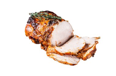 Ahşap tepside sebzeli domuz rostosu. İzole, beyaz arkaplan