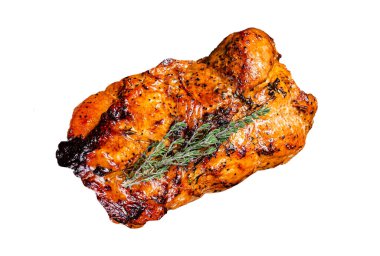 Kekik ve domates soslu kavrulmuş domuz etli börek. İzole, beyaz arkaplan