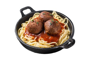 Bitki bazlı köfteli vejetaryen domates makarnası. İzole, beyaz arkaplan