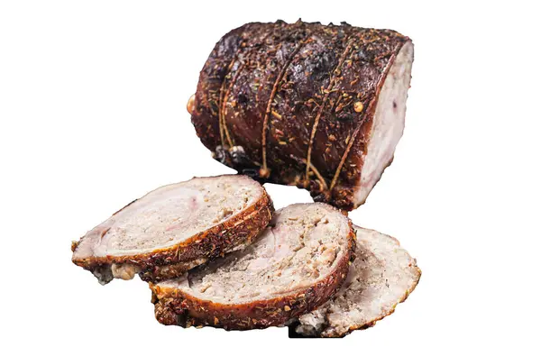 Sliced Roast Pork Meat Roulade Steel Tray Isolated White Background — Stock Photo, Image