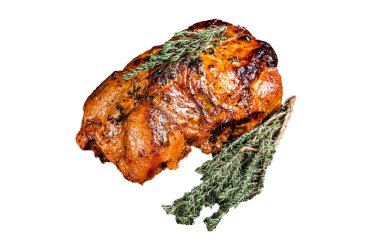 Kekik ve domates soslu kavrulmuş domuz etli börek. İzole, beyaz arkaplan