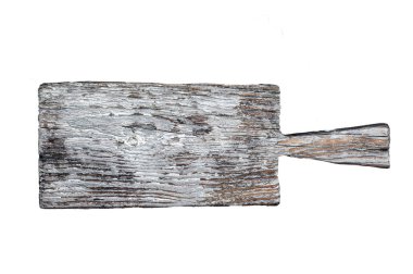 Eski boş kesme tahtasıyla yemek pişirme arka planı. İzole, beyaz arkaplan