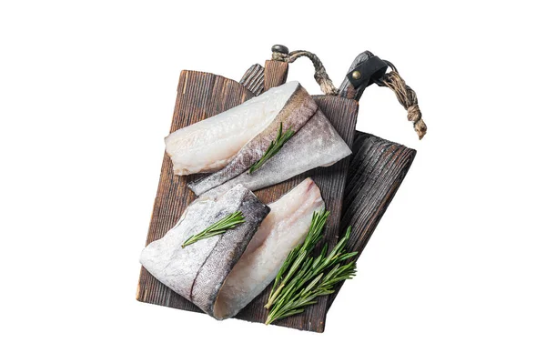 Filete Pescado Eglefino Carne Mariscos Crudos Sobre Tabla Madera Con —  Fotos de Stock