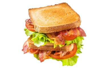 Domuz pastırmalı, domatesli ve marullu sandviç. İzole, beyaz arkaplan