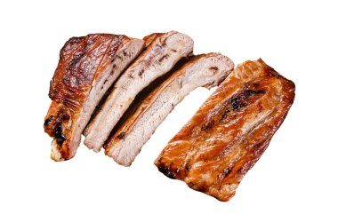 Barbekü soslu domuz pirzolası ve şifalı otlar. İzole, beyaz arkaplan