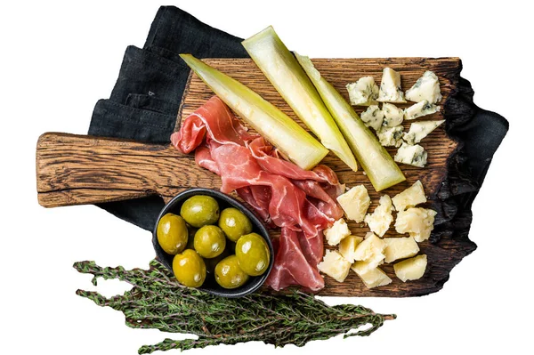 Cheese and meat plate, antipasti with Prosciutto ham, Parmesan, Blue cheese, Melon and Olives on wooden board. Isolated, white background