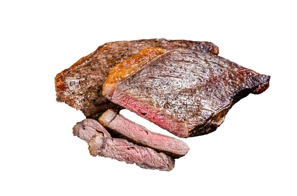 Grilovaný Pikanha Nebo Hovězí Steak Svíčkovou Rozmarýnem Ocelovém Tácu Izolované — Stock fotografie