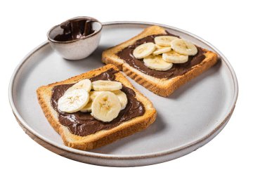 Çikolatalı, fındık ezmeli ve muzlu sandviç pişirmek. İzole, beyaz arkaplan