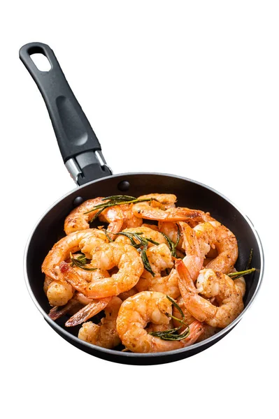 Fried with butter and garlic prawns shrimps in a skillet. Isolated, white background