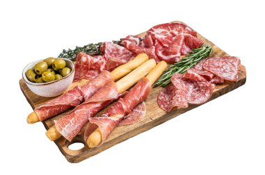 Antipasto tabağı Grissini ekmek çubukları, Prosciutto Crudo, Salam ve Coppa Sausage ile soğuk et tabağı. İzole, beyaz arkaplan