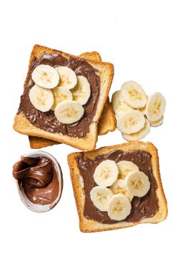 Tahtada muz ve çikolata kremalı tost ekmeği. İzole, beyaz arkaplan