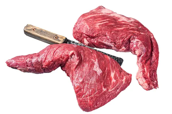 Koksovaný Trojúhelníkový Pečený Syrový Steak Svíčkové Stolku Masovým Sekáčkem Izolované — Stock fotografie