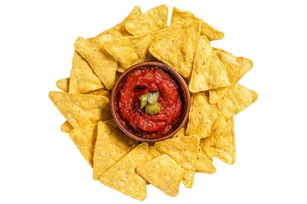 Nachos chips with tomato sauce and jalapeno, mexican appetizer. Isolated, white background