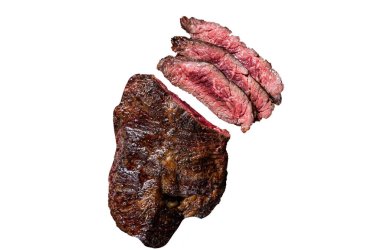 Izgara Kasaplar, biftek Onglet Asma Tender et kesme tahtasında. İzole, beyaz arkaplan