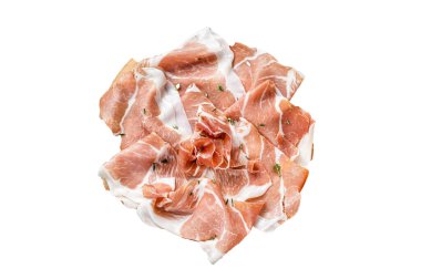 Tahta üzerinde jambonlu jambon. İzole, beyaz arkaplan