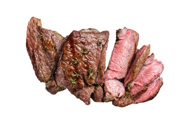 Barbekü ızgara koyun fileto biftek, dilimlenmiş kuzu eti. İzole, beyaz arkaplan