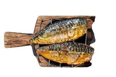 Izgarada ızgara uskumru fileto. İzole, beyaz arkaplan