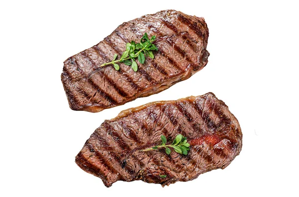 Grilled Top Blade or flat iron beef meat steaks. Isolated, white background