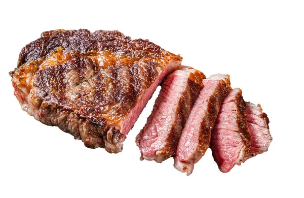 Grilled rib eye steak, ribeye beef marbled meat on a plate with tomato. Isolated on white background