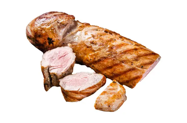 Bbq Roasted Pork Tenderloin Fillet Meat Wooden Board Herbs Isolated — Stock Photo, Image