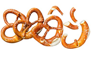 German baked Salted pretzels on a wooden rustic table. Isolated on white background clipart
