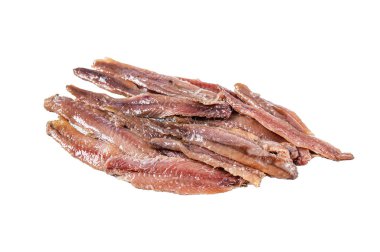 Konserve ançüezli balık fileto zeytinyağında. Beyaz arkaplanda izole edilmiş, üst görünüm