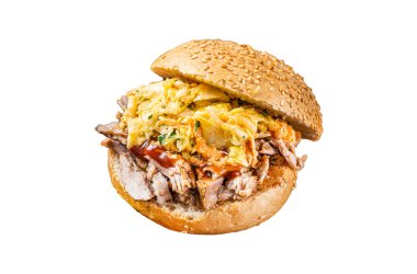 Lahana salatalı domuz etli hamburger. Beyaz arkaplanda izole edilmiş, üst görünüm