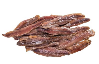 Konserve ançüezli balık fileto zeytinyağında. Beyaz arkaplanda izole edilmiş, üst görünüm