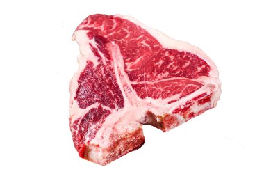 Çiğ Biftek veya T-Kemikli Biftek Biftek Beyaz arka planda yalıtılmış, üst manzara